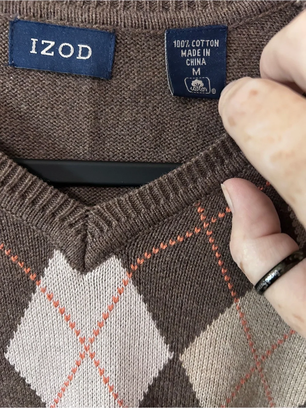 Izod Brown cotton V-Neck Sweater with Cream and Tan Diamonds